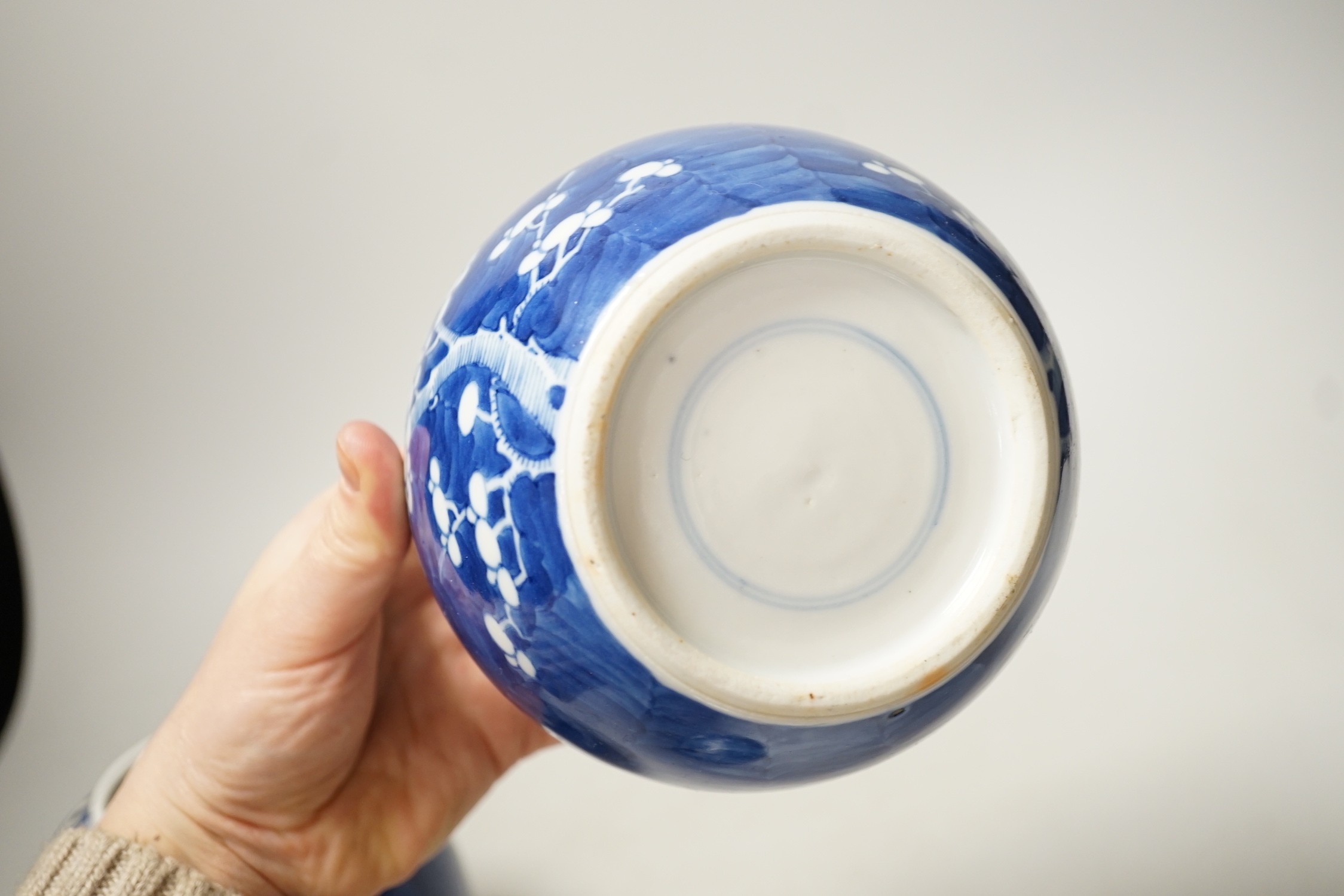 A pair of Chinese Blue and white prunus ginger jars. 15cm tall